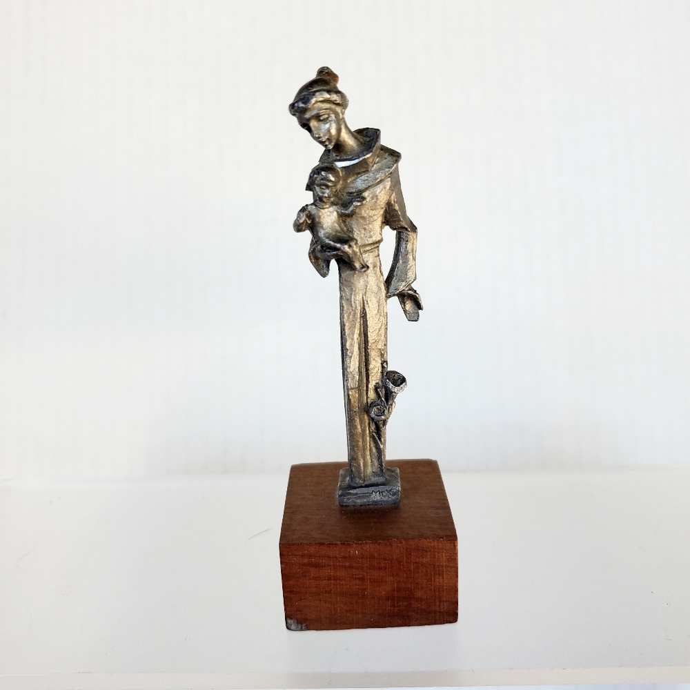 Vintage Pewter Madonna And Child Figurine On Wooden Base MDC Italy 4"